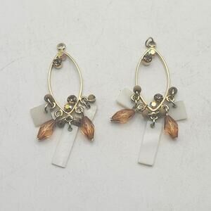 Gold Tone Mother of Pearl Rhinestone Marquise Amber Dangle Connector Charm Pair
